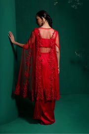 Crimson Draped Saree cape set